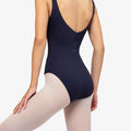 Gathered front and back leotard neckline
